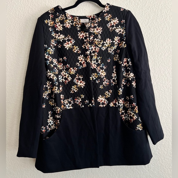 LOGO Blazer Jacket Lined Floral Print Quilted Business Casual Black Coat Long - Picture 1 of 8